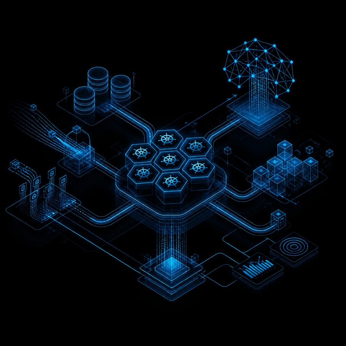 Abstract diagram of enterprise data pipelines, Kubernetes clusters and AI inference nodes